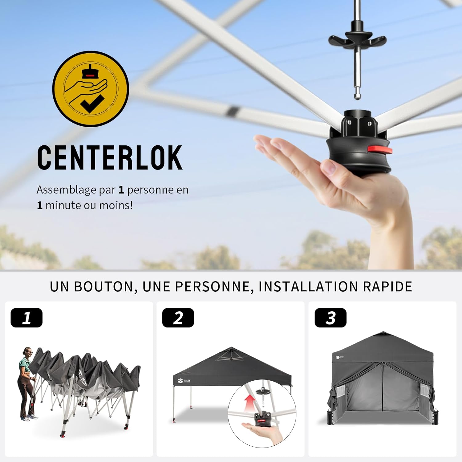 CROWN SHADES Tonnelle Pliante 3x3 Imperméable, Barnum Pliant de Jardin Exterieur, Pop-Up Gazebo avec Sac de Rangement, UPF 50+, avec 4 Parois Latérales Amovible, 4 Sac de Sable, Gris
