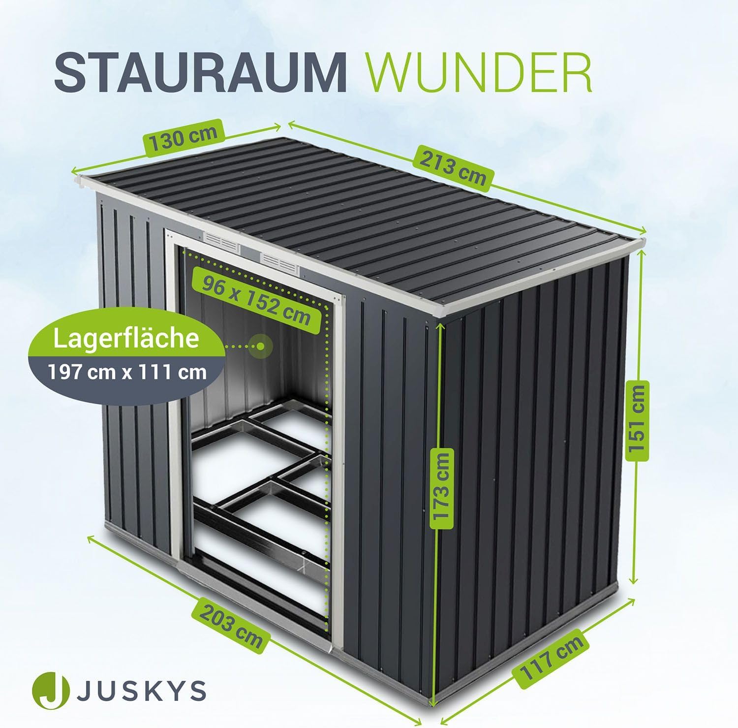 Juskys - Abri à outils en métal, 213x130x173cm, toit en pente, porte coulissante, fondation