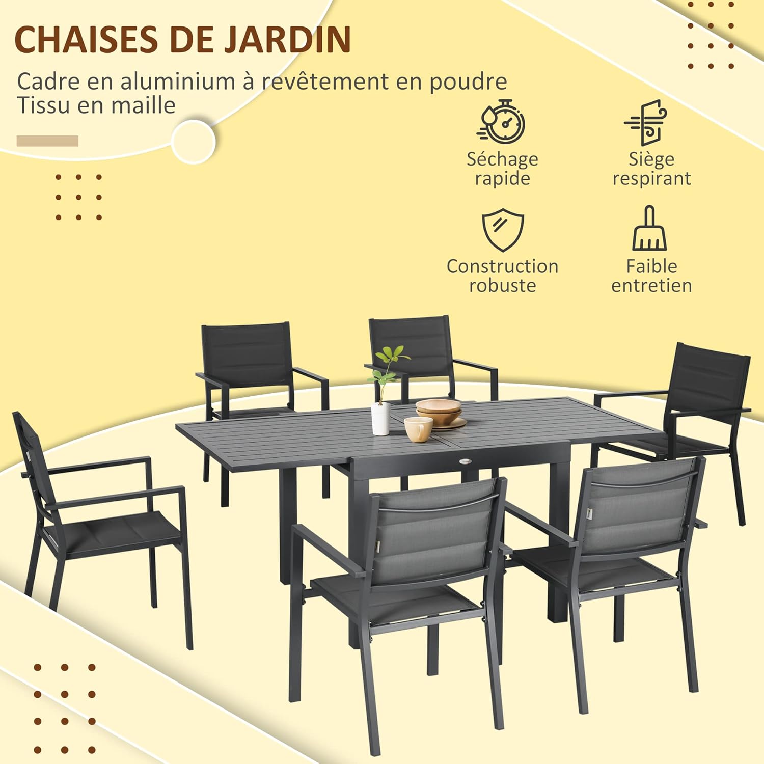 Outsunny - Salon de jardin aluminium extensible 90-180cm, 6 chaises empilables