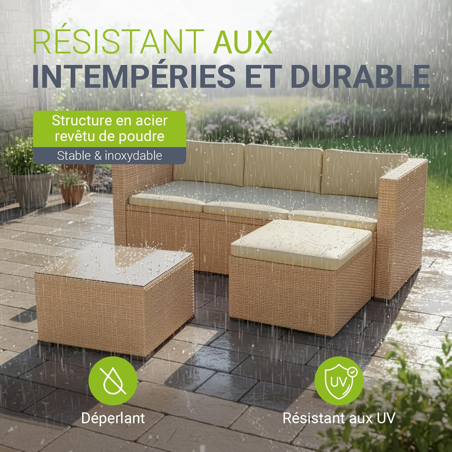 Juskys - Punta Cana M - canapé, tabouret, table, coussins - pour 3-4 personnes