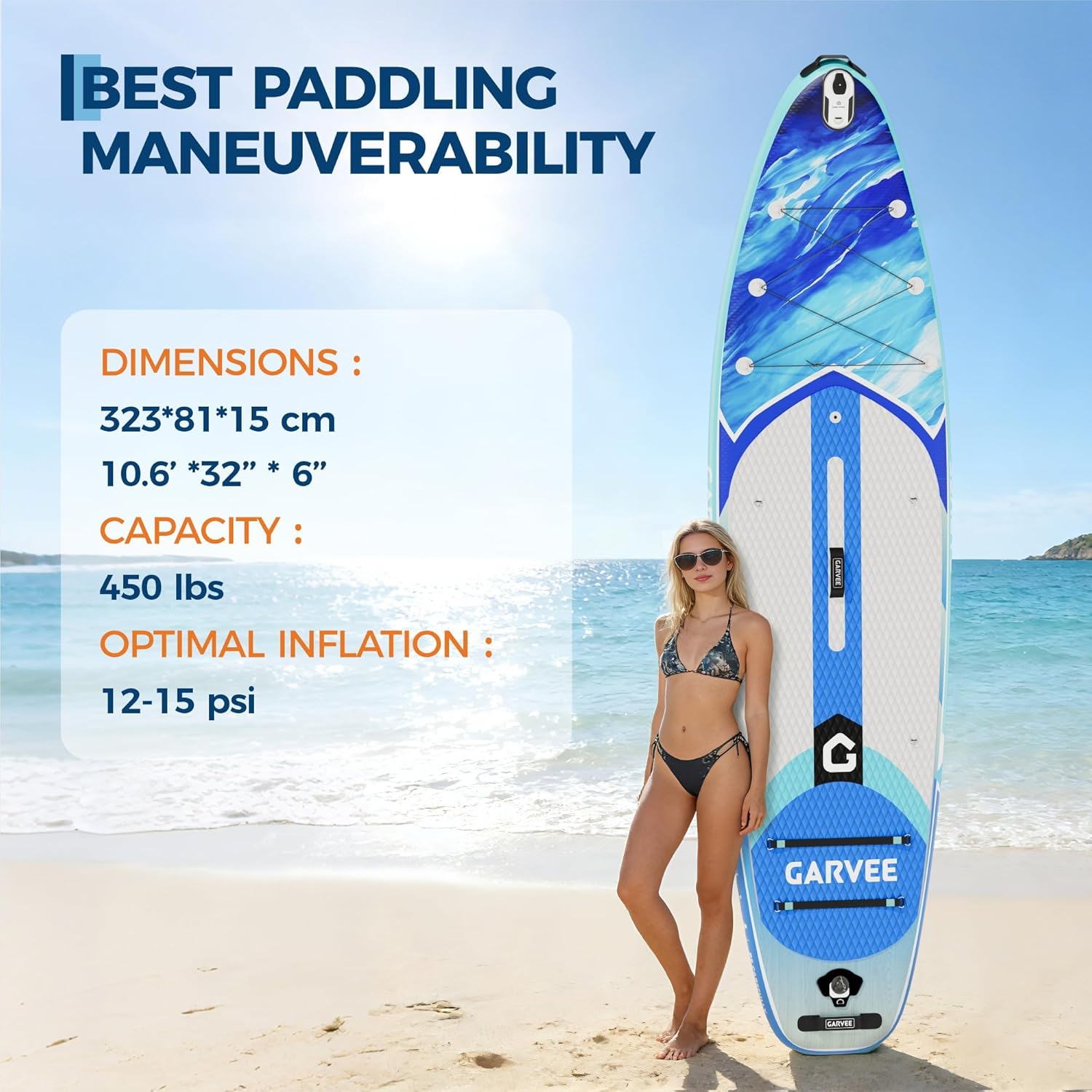 Garvee Sup Gonflable 10'6'' (323x81x15cm) – Large et Stable, Surface antidérapante EVA – Capacité 200 kg – 3 ailerons – Accessoires Inclus – Taille : 323 * 81 * 15