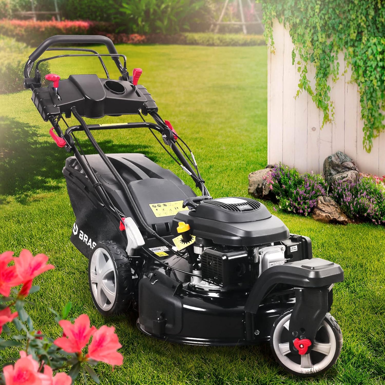 BRAST tondeuse thermique 3 roues TRIKE ESTART SPEED 224cc 53cm tractée démarrage électrique vitesse d'entraînement triple réglable mulching 4en1 capot en tôle en acier 60l - moteur 4 temps reglable