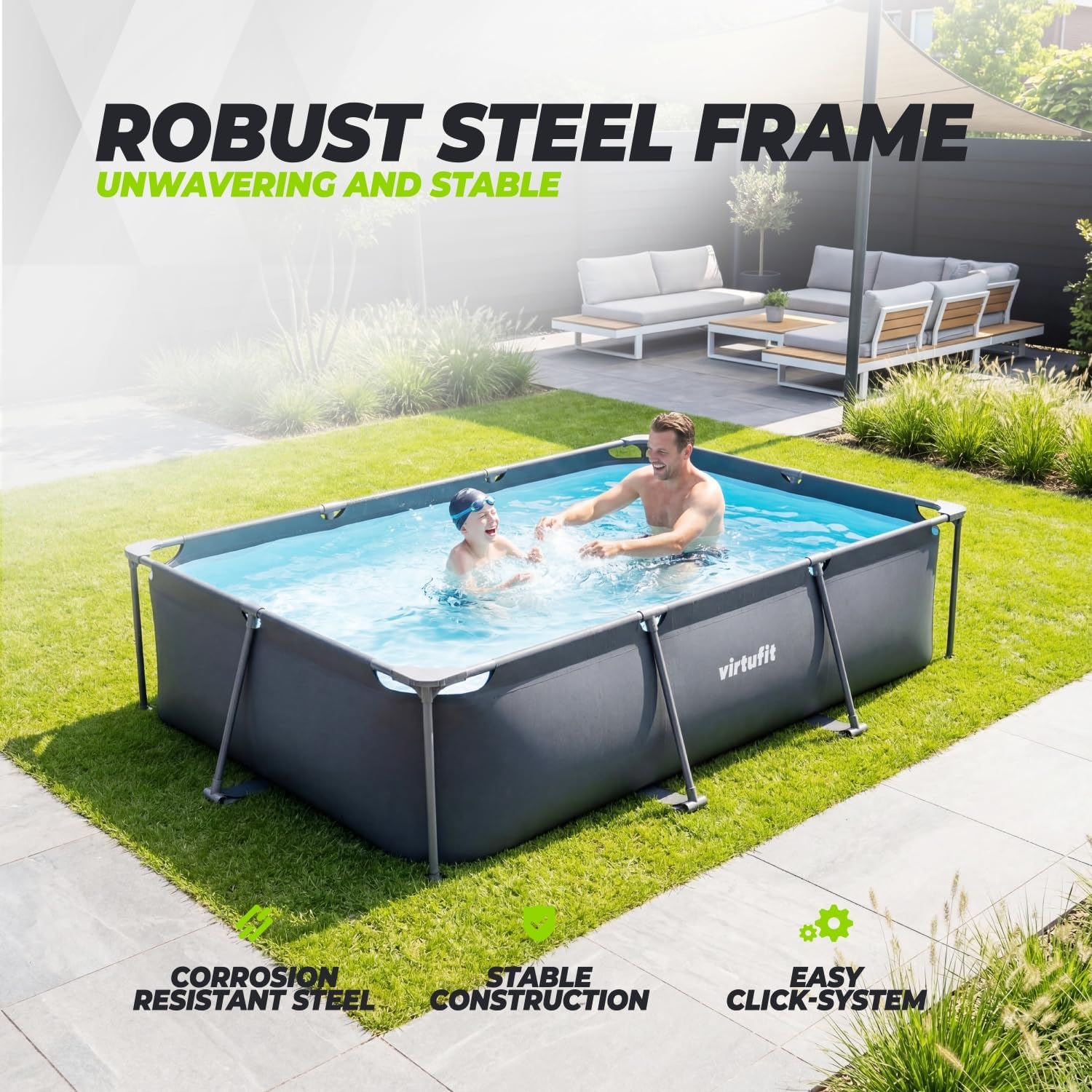 VirtuFit - Piscine rectangulaire Série Noire - 300x210x66 cm - filtre inclus