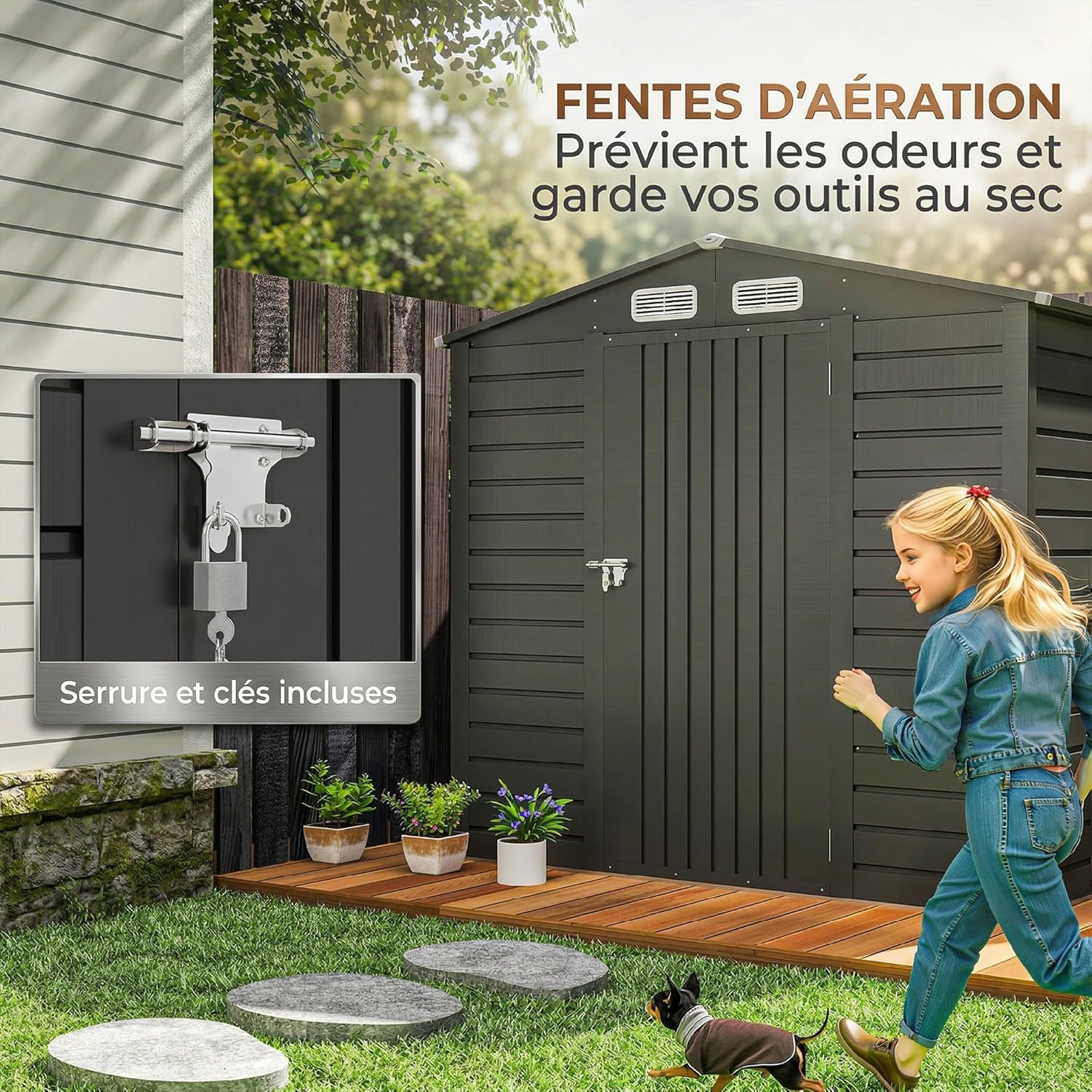 Outsunny Abri de Jardin en métal 2,27 m², Structure en Acier galvanisé améliorée, abri à Outils extérieur, toiture 2 pans avec aérations, Gants et Cadenas Inclus, 190x131x188cm, Gris