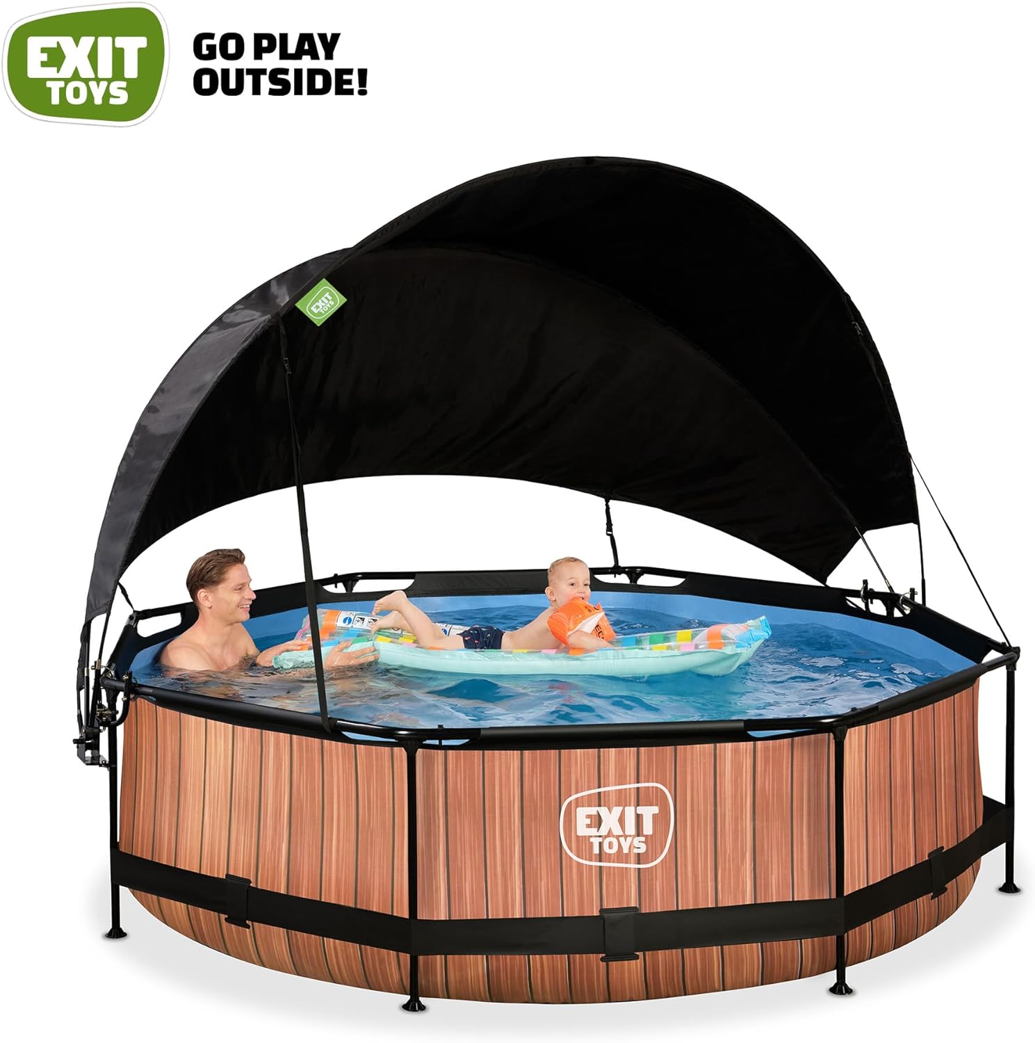 EXIT Toys - Piscine Wood série - ø300x76cm - voile d’ombrage, pompe filtrante, UV, entrée basse - Marron