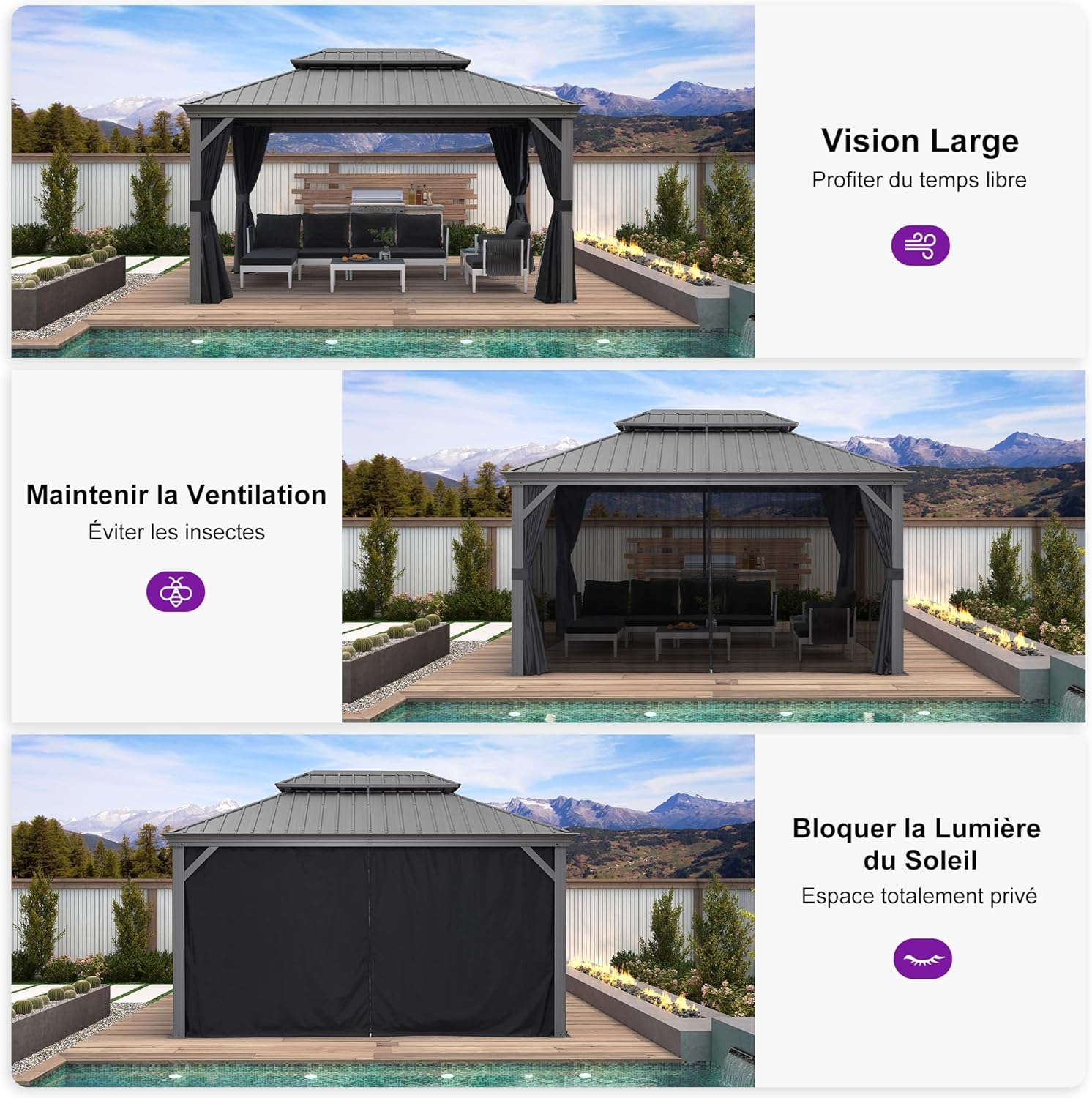 PURPLE LEAF - Tonnelle de Jardin 3x4,25m - aluminium double toit, imperméable, moustiquaire, rideaux