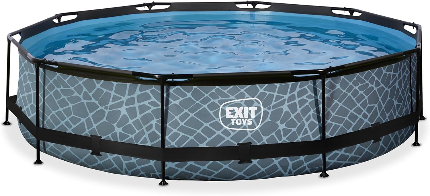 EXIT TOYS Piscine Tubulaire Stone - ø360x76cm - Piscine Hors Sol Ronde Grande avec Pompe Filtrante à Cartouche - Entrée Basse - Idéal pour Les Jeunes Enfants - Cadre Stable - Design Unique - Gris