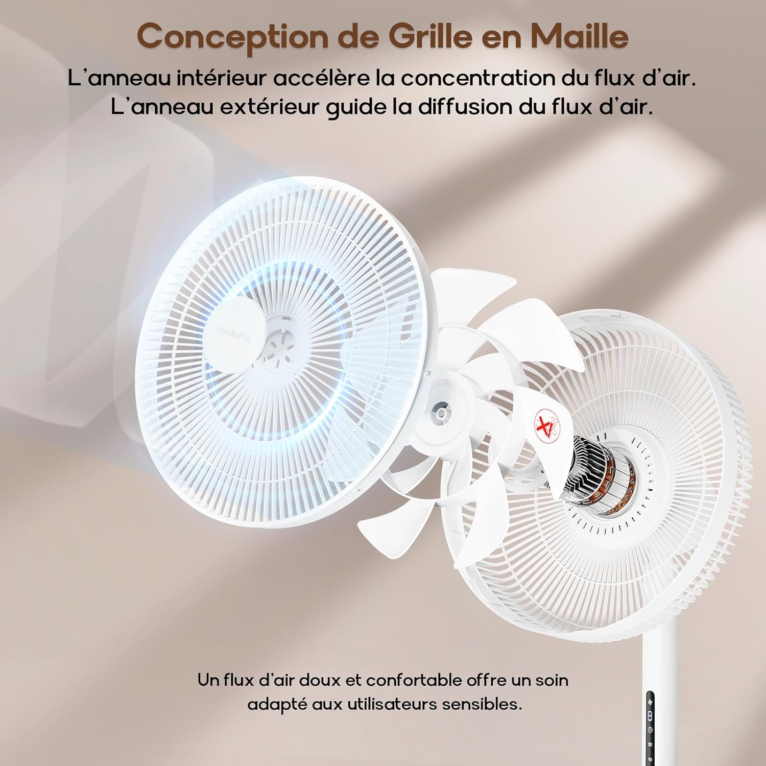 LeaderPro - ventilateur sur pied 120cm - 8 vitesses, télécommande, moteur DC