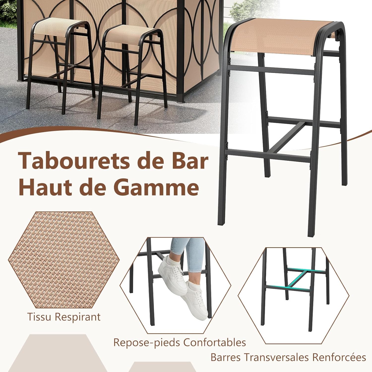 COSTWAY - Tonnelle barbecue avec tabourets, 194x121x242 cm, métal et verre