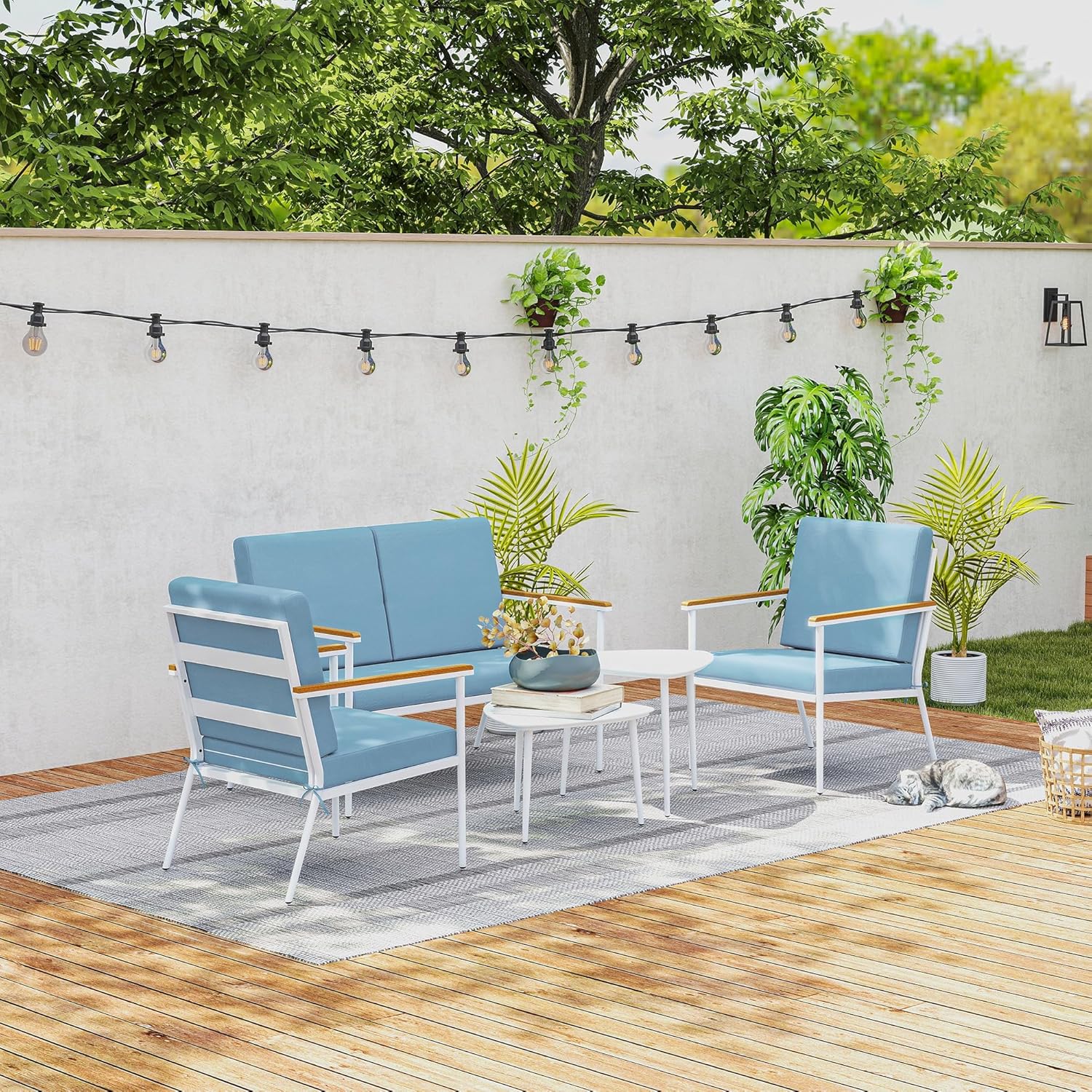 Outsunny - Salon de jardin 5 pièces, canapé 4 places, tables verre trempé, coussins inclus, bleu clair