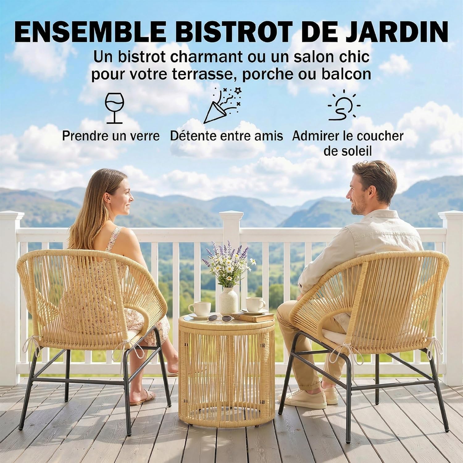 Outsunny - ensemble bistro 3 pcs - fauteuils confort, table verre - coussins déhoussables, résine tressée, beige