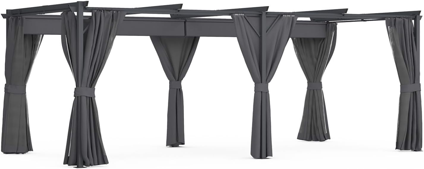 IDMarket - Pergola intégrale moustiquaire, toit rétractable 3x6m, 6 rideaux gris