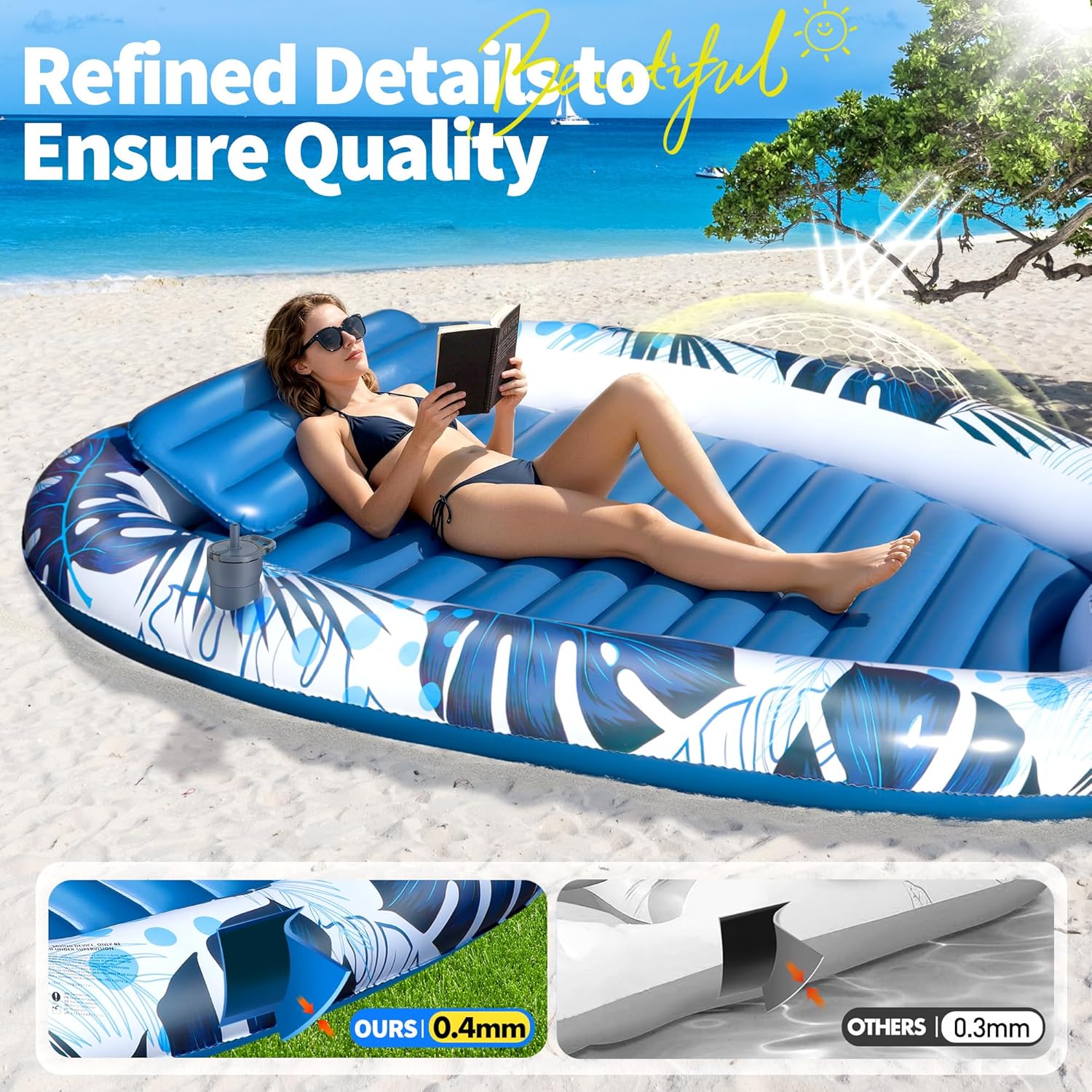 LanOcean - Matelas gonflable série piscine - 230x170cm - 2 porte-boissons, appui-tête, 2 personnes