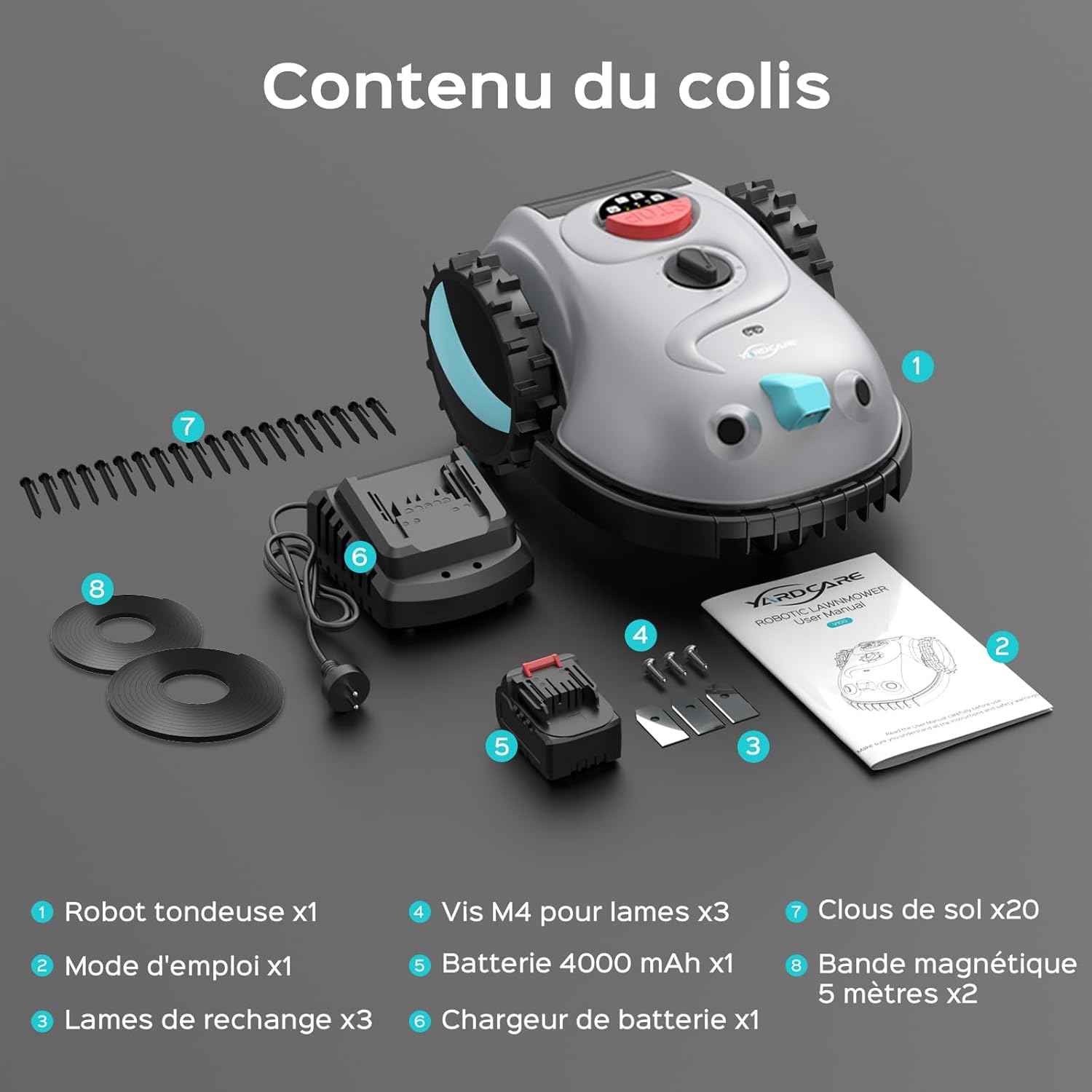 YARDCARE - Tondeuse robot Vision, sans fil, batterie 4 Ah, lame, obstacle, V100