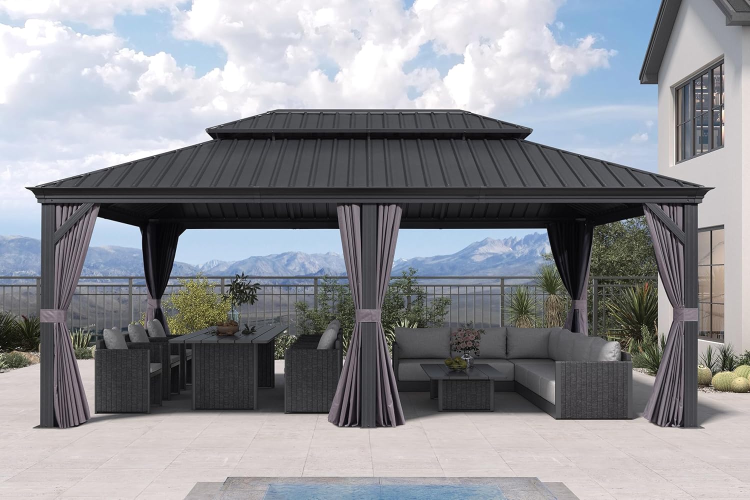 PURPLE LEAF - Pergola Série Extérieur - 6x4m - Toit acier, moustiquaire, rideaux, gouttière