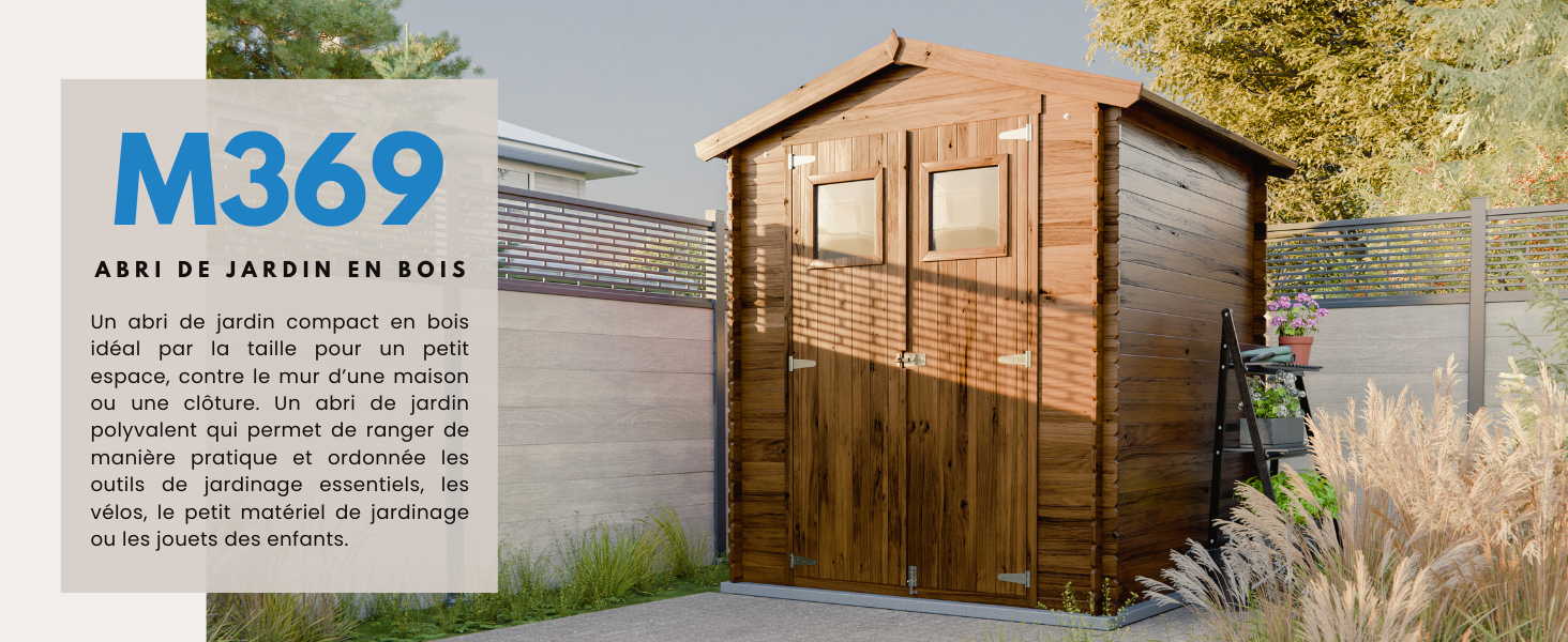 Abri de jardin en bois avec portes et fenêtres doubles, entouré de verdure. Texte « M369 » visible en bleu.