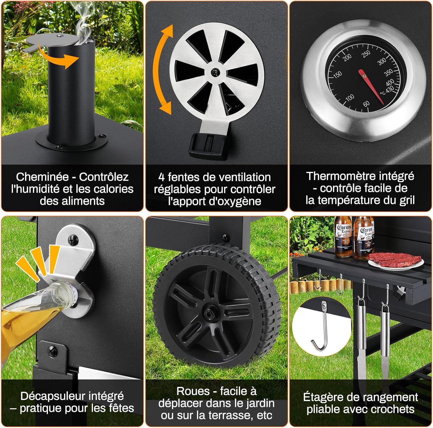 LIFERUN - Barbecue XXL, charbon, chariot, couvercle, thermomètre, fumoir, hauteur réglable