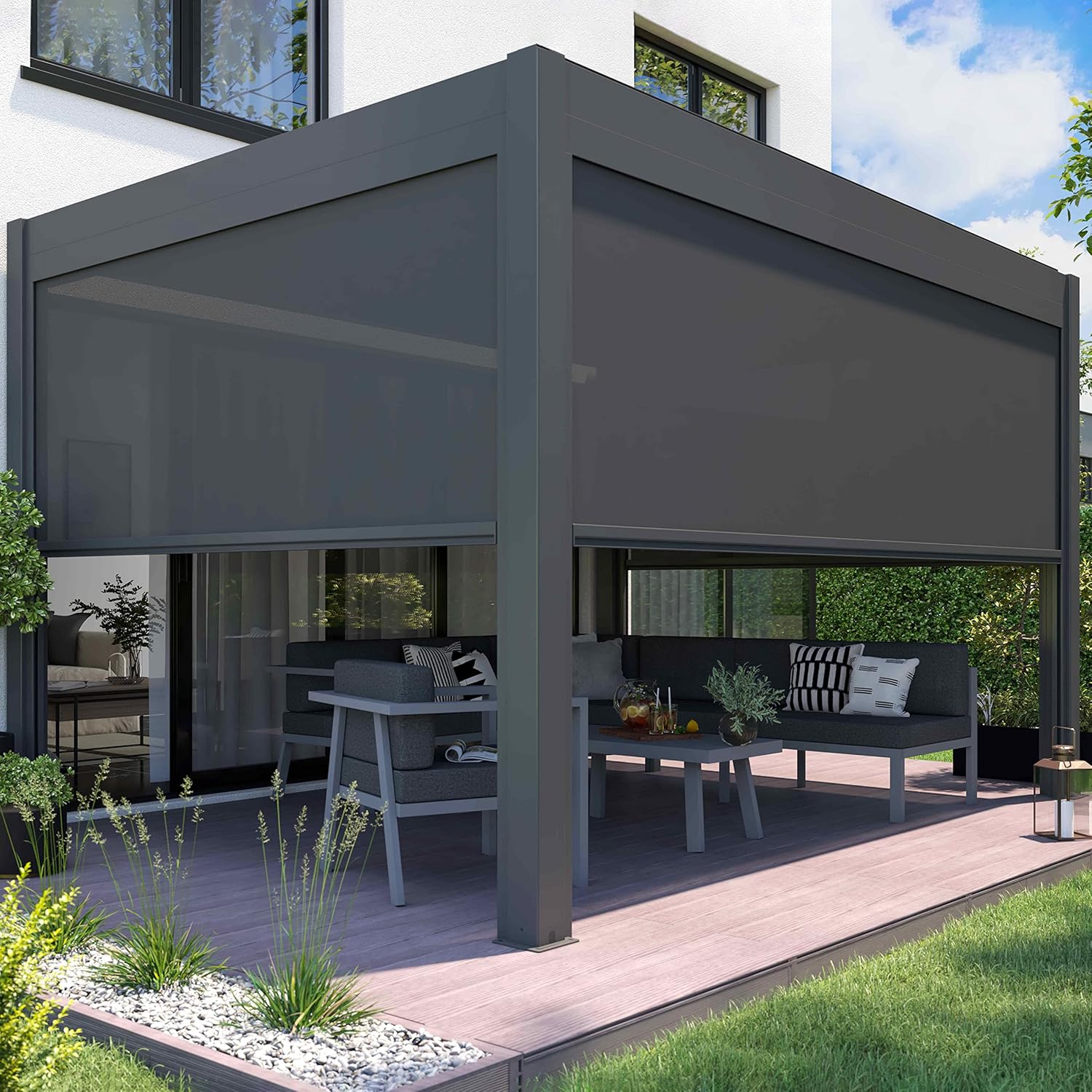 Oviala - pergola bioclimatique motorisée éclairée autoportée 3x4m store
