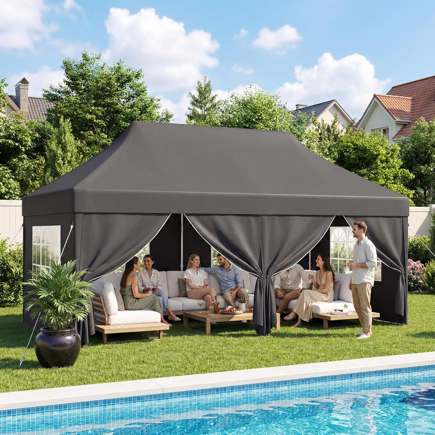 Devoko - Tonnelle pliante 3x6m - Toile Oxford, parois latérales, hauteur réglable