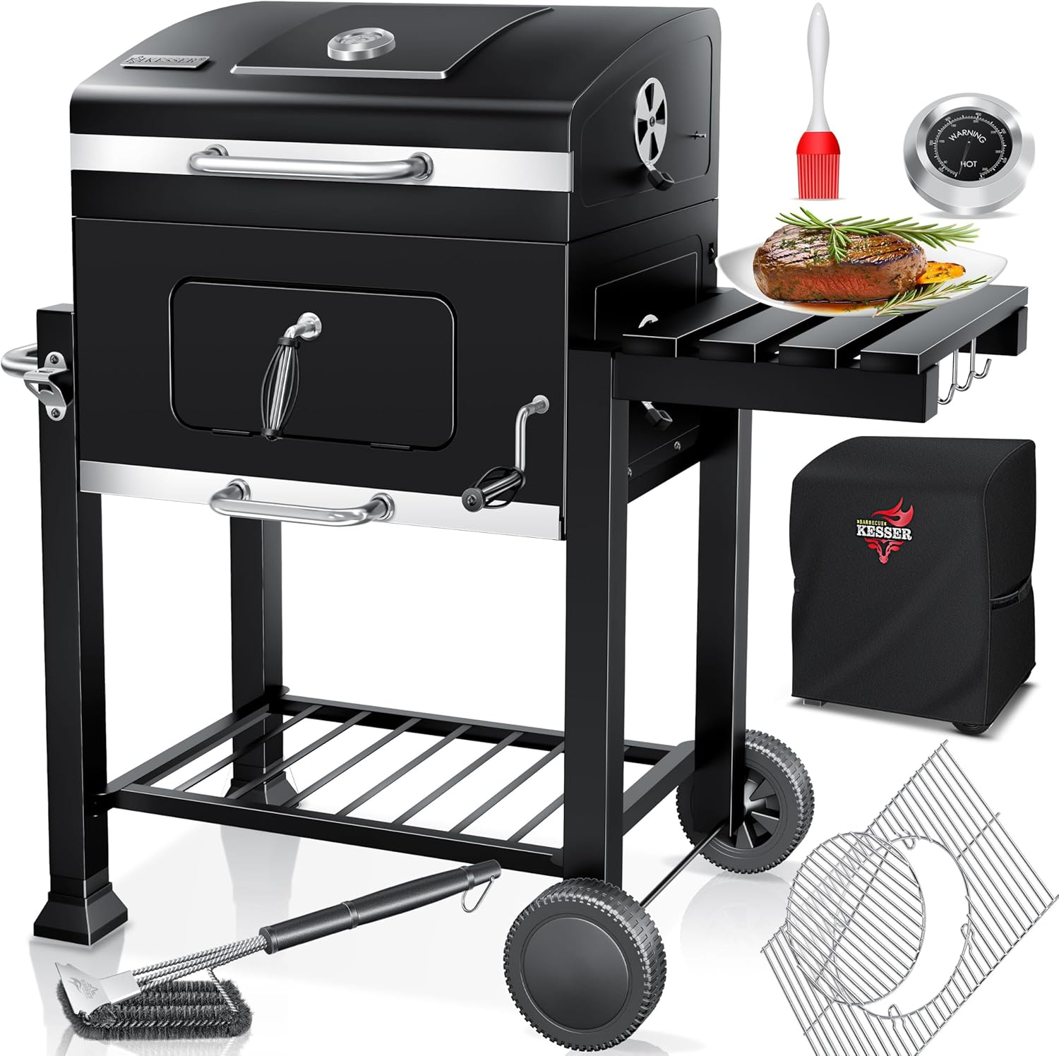 KESSER - Grill Chariot XL - barbecue charbon, couvercle, roues, thermomètre, accessoires