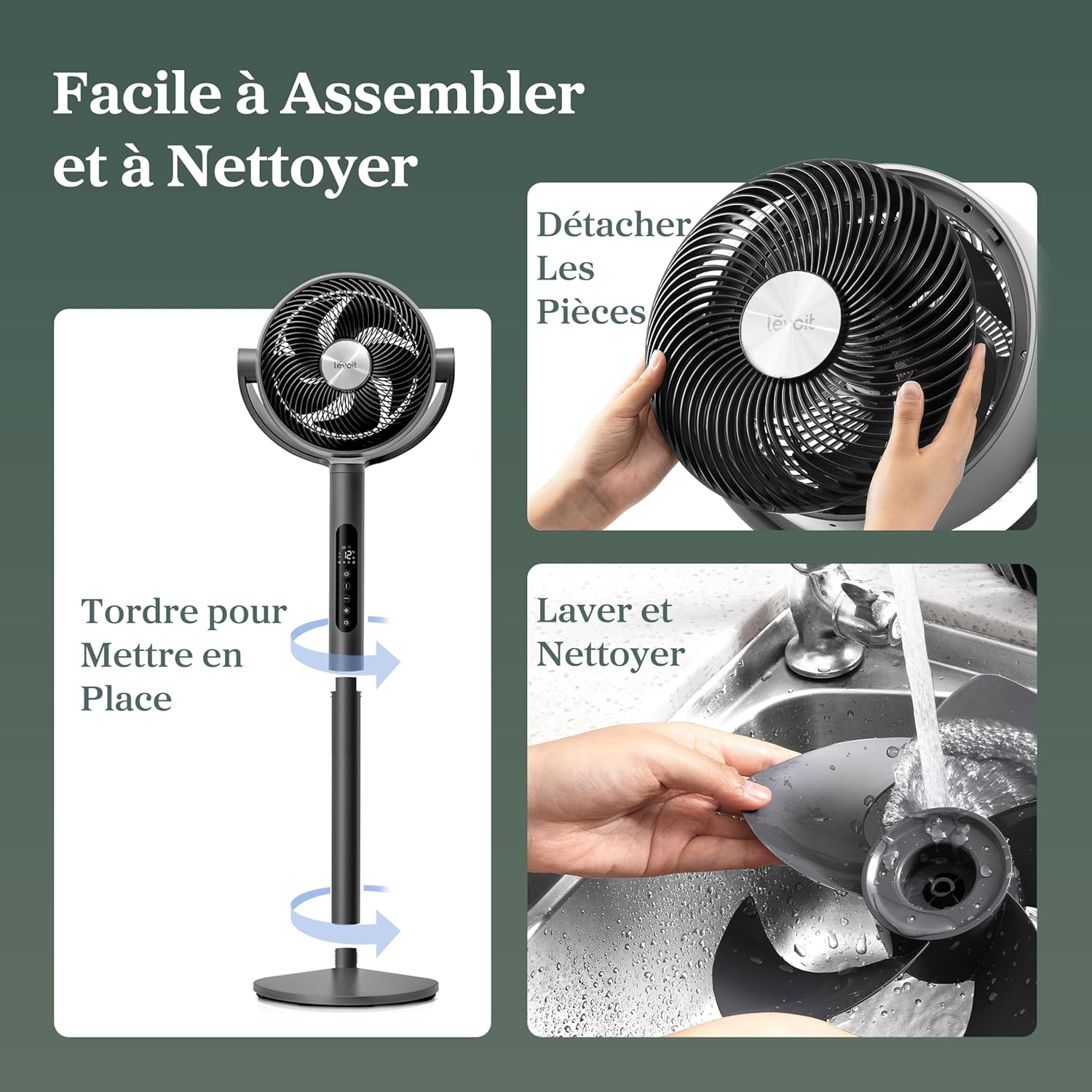 LEVOIT Ventilateur sur pied intelligent silencieux 20 dB, moteur DC, faible consommation avec Wi-Fi, 4 modes et 12 vitesses de ventilation, portée d’air de 30 m, minuterie 12 h, oscillation 90° + 120°
