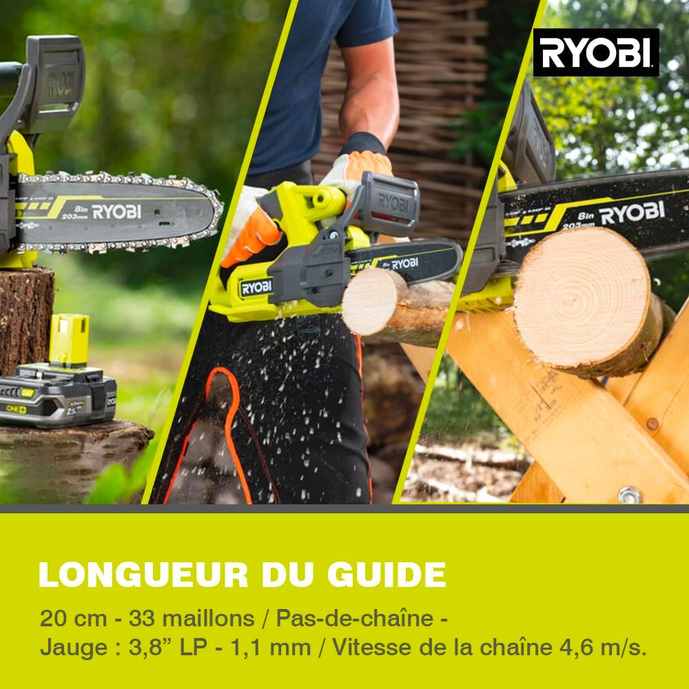 RYOBI - Tronçonneuse Sans Fil 18V ONE+ RY18CS20A-125 – Guide 20 cm, Batterie 2.5Ah + Chargeur, Lubrification Auto, Démarrage Instantané – Coupe Bois, Bûches, Branches, Entretien Jardin