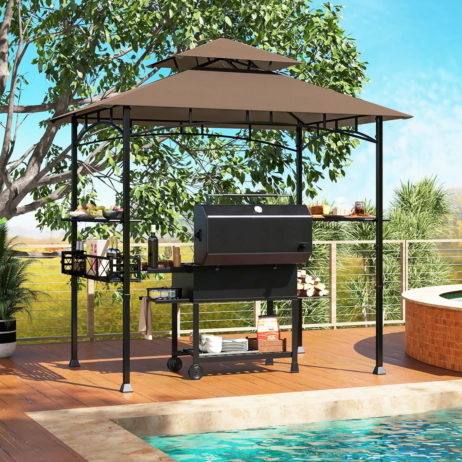 GOPLUS - tonnelle barbecue extérieur - 242x153x250cm - double toit, crochets, décapsuleur