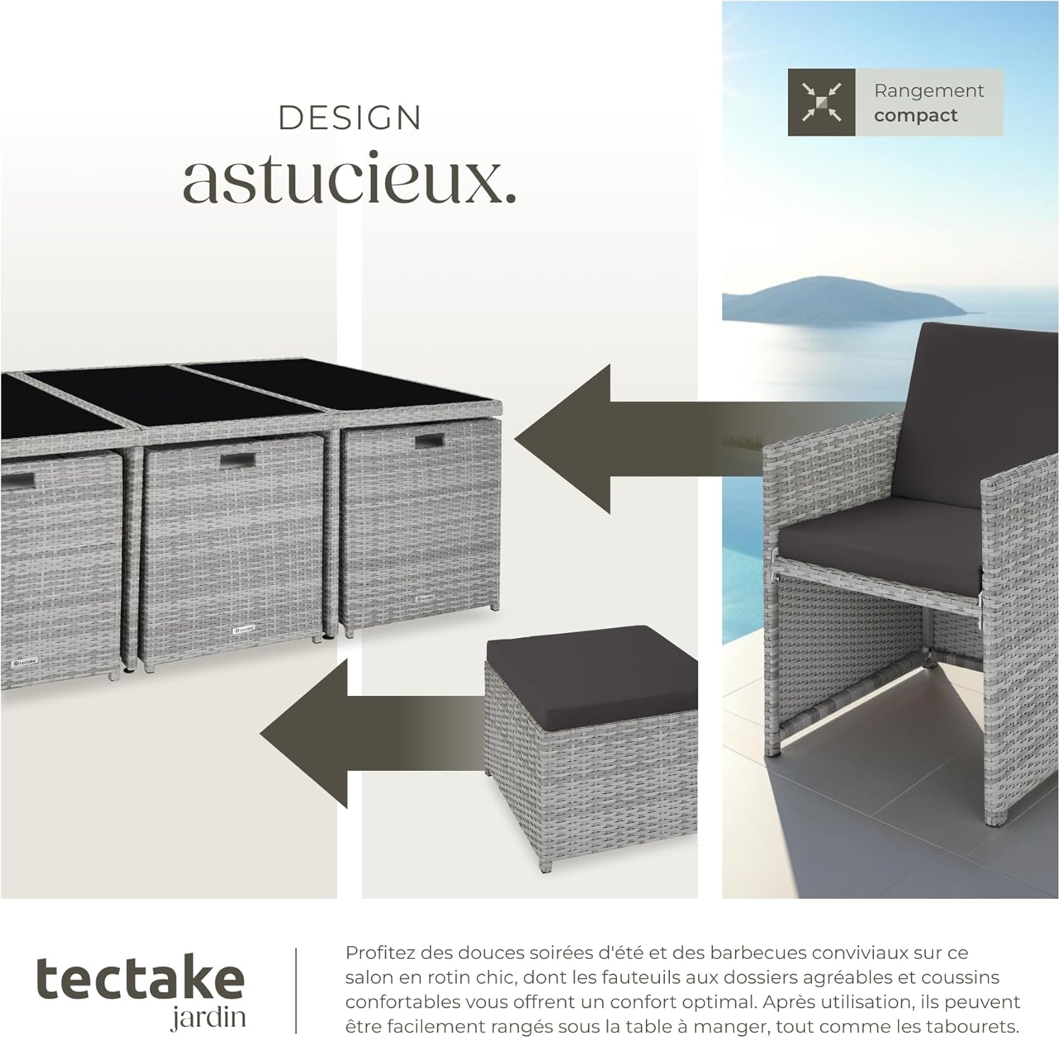 tectake - Salon de jardin 10 places, aluminium, résine tressée, housses incluses, gris clair