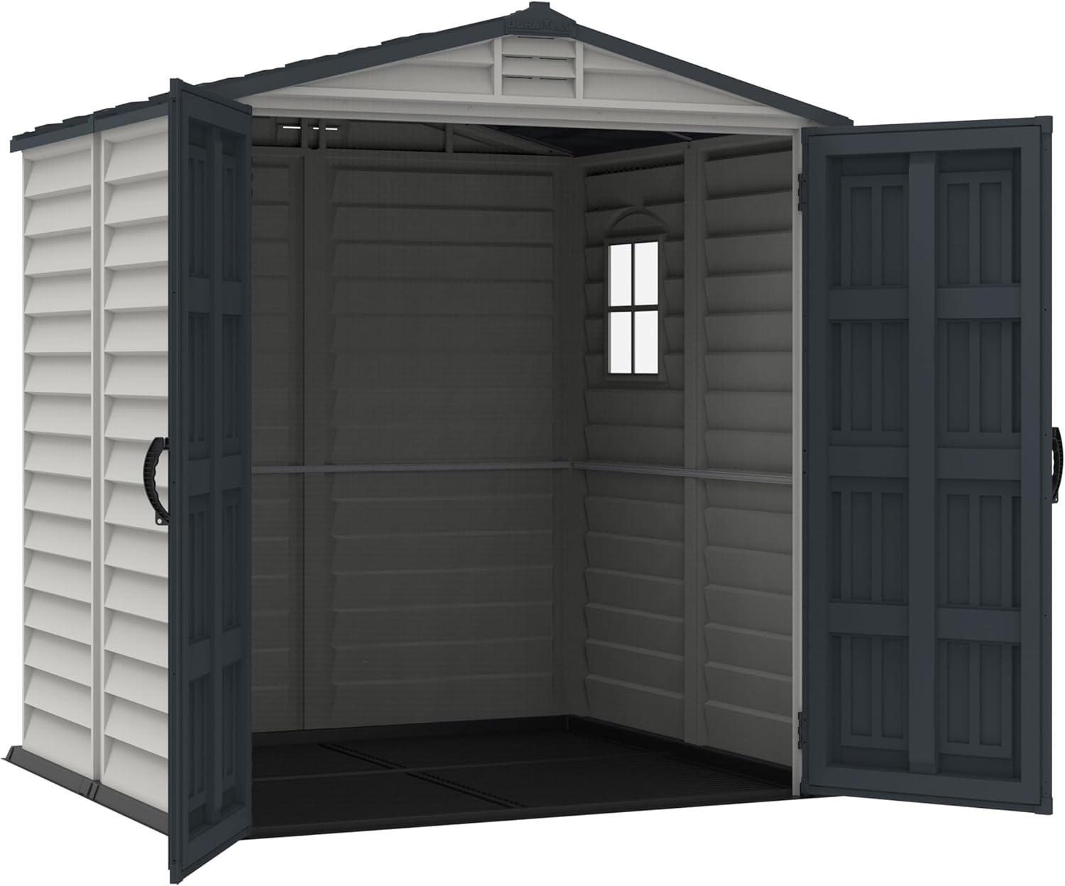 Duramax StoreMate PLUS 6 x 6 (3.65 m²) Abri de jardin en plastique avec plancher en plastique robuste et 1 fenêtre fixe, structure de toit en métal robuste, sans entretien, Gris foncé/ Adobe