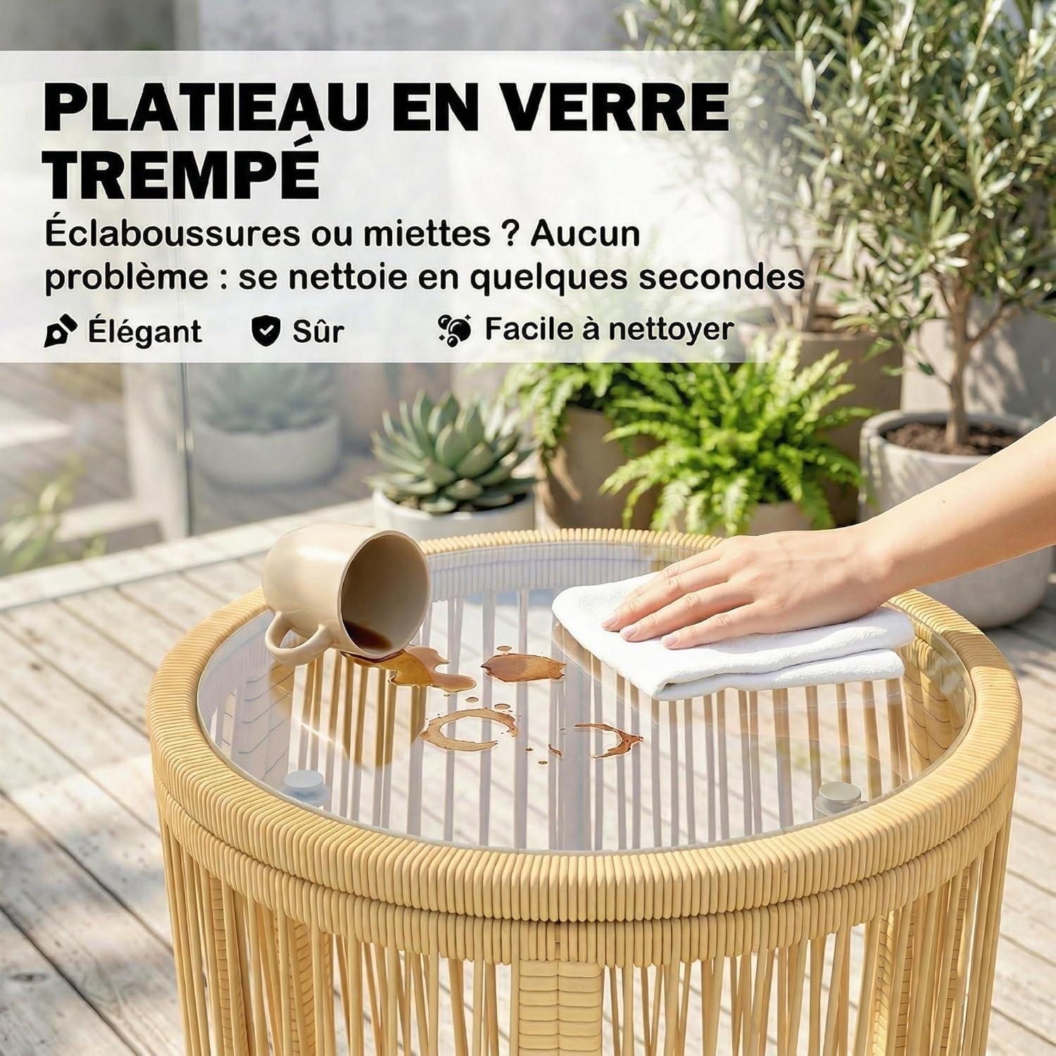 Outsunny - ensemble bistro 3 pcs - fauteuils confort, table verre - coussins déhoussables, résine tressée, beige