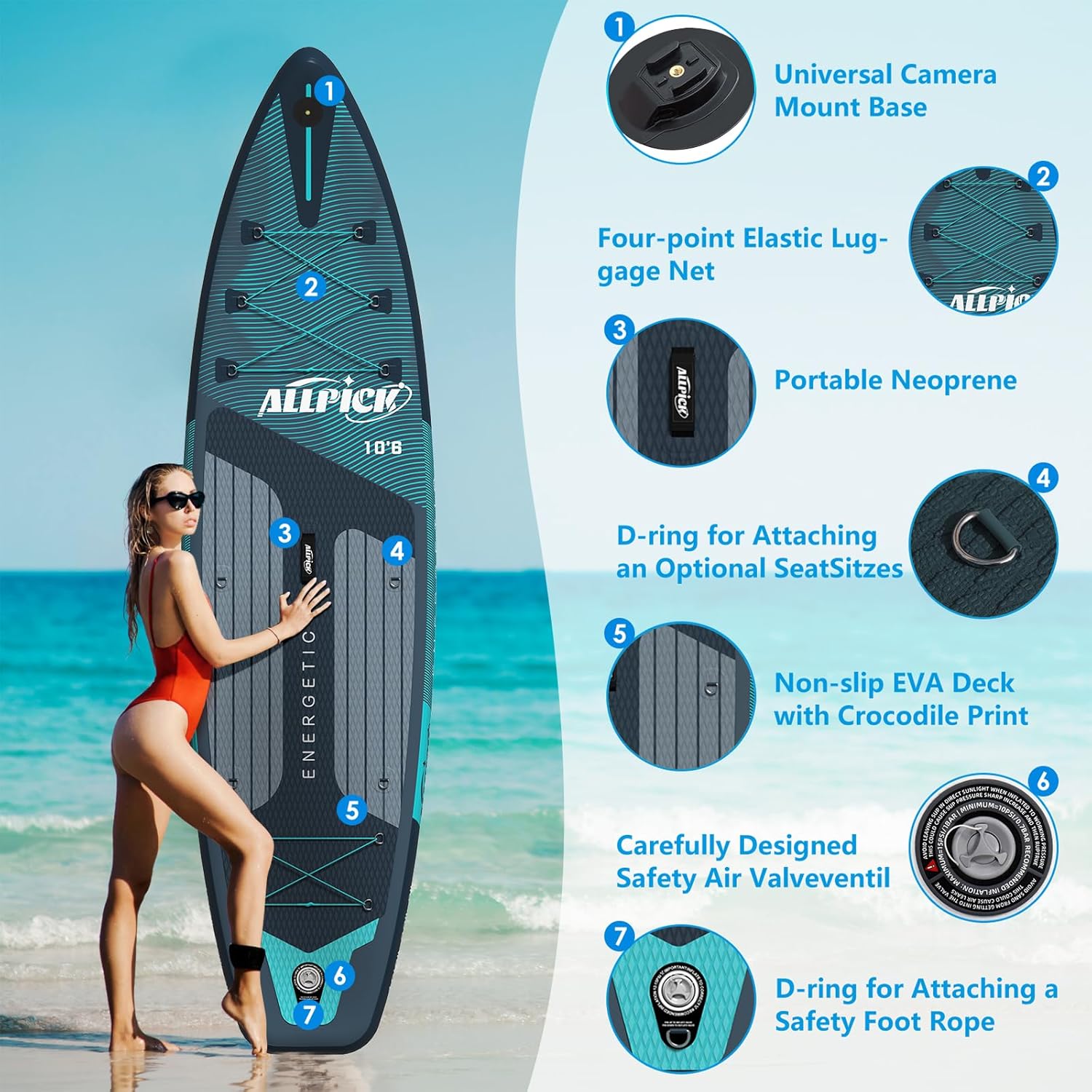ALLPICK - Paddle gonflable 320 cm - caméra, pagaie réglable, 200 kg