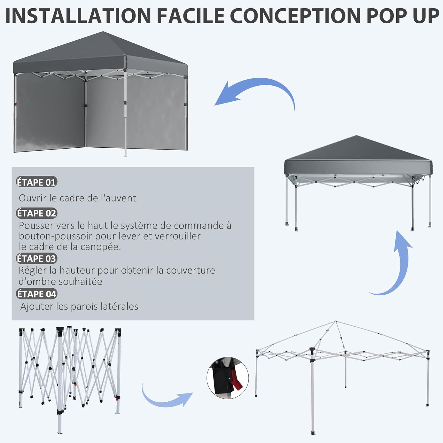 Outsunny - tonnelle pop-up réglable - 297x297x288 cm - 2 parois, UV30+, sac inclus