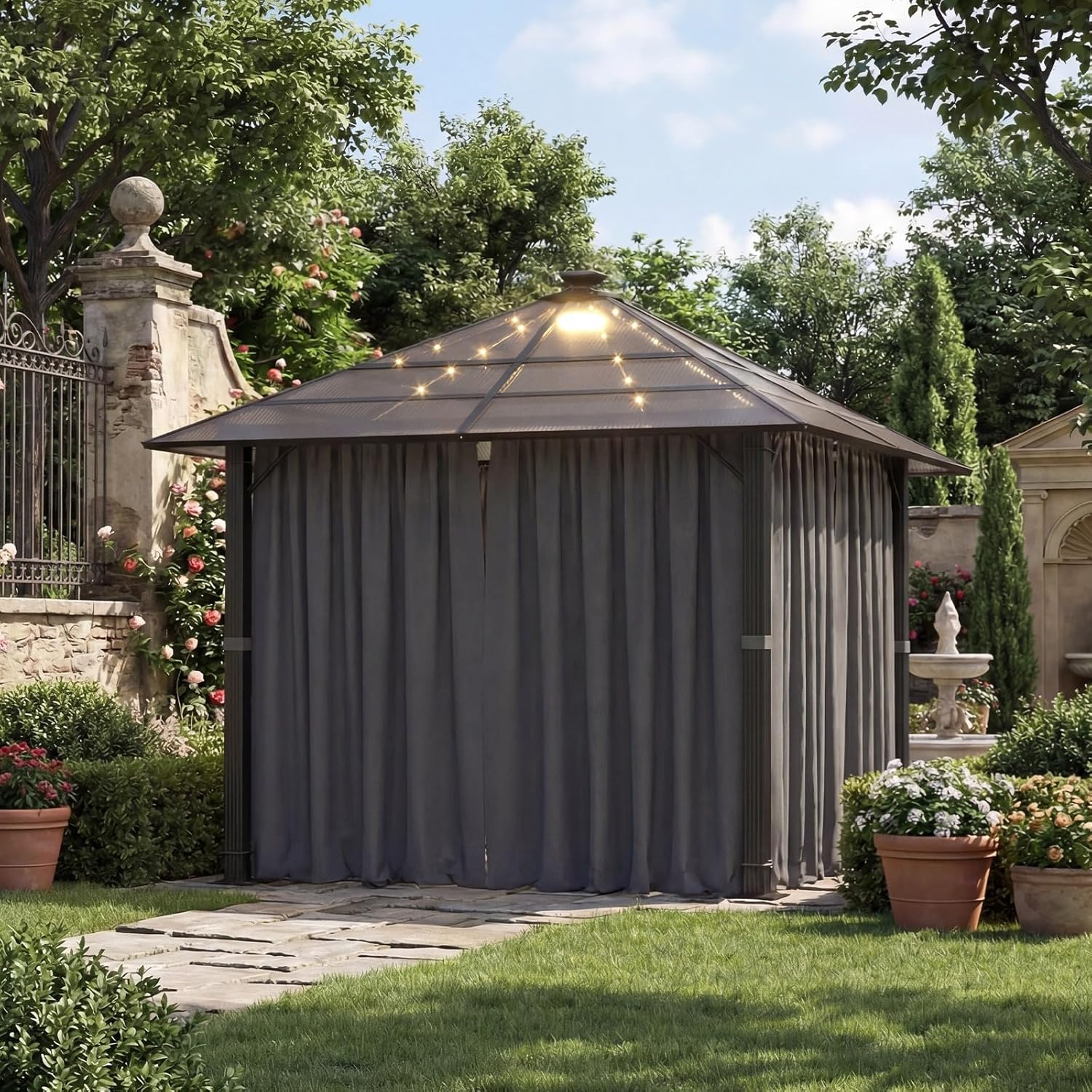 Devoko - Tonnelle de jardin - 3x3m - aluminium, toit fixe, LED, imperméable