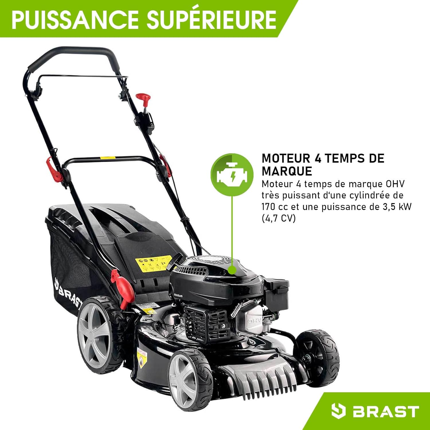 BRAST Tondeuse Thermique tractée 46cm 170 CC mulchig 3,5kW (4,7 CV), 60l -5 MODÈLES Diff.- Moteur 4 Temps Easy Clean, 3en1, châssis en tôle d'acier, Tondeuse Thermique Coupe reglable