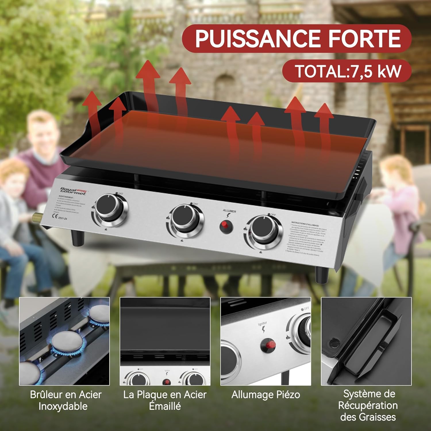 Royal Gourmet - Plancha sur chariot 62x35,5cm - 3 brûleurs puissants 7,5kW
