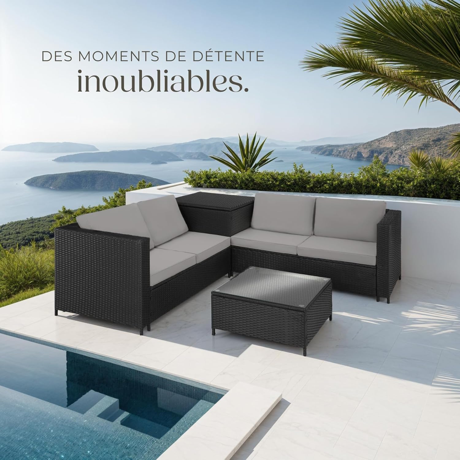 tectake - Ensemble salon jardin poly rotin, 4 places, coffre rangement, table verre