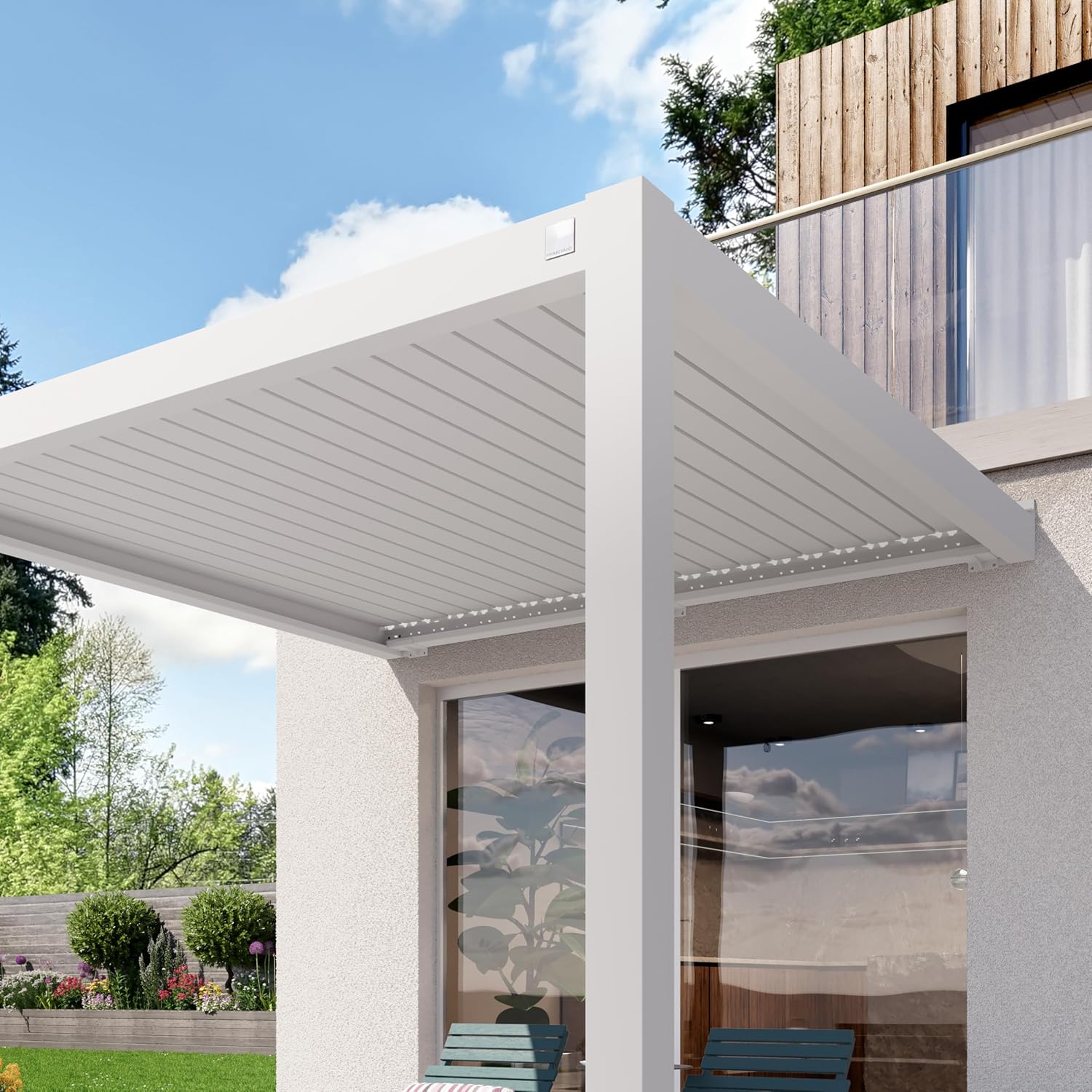 PRIMEYARD - pergola adossée - 3x3 m - alu blanc, lames orientables