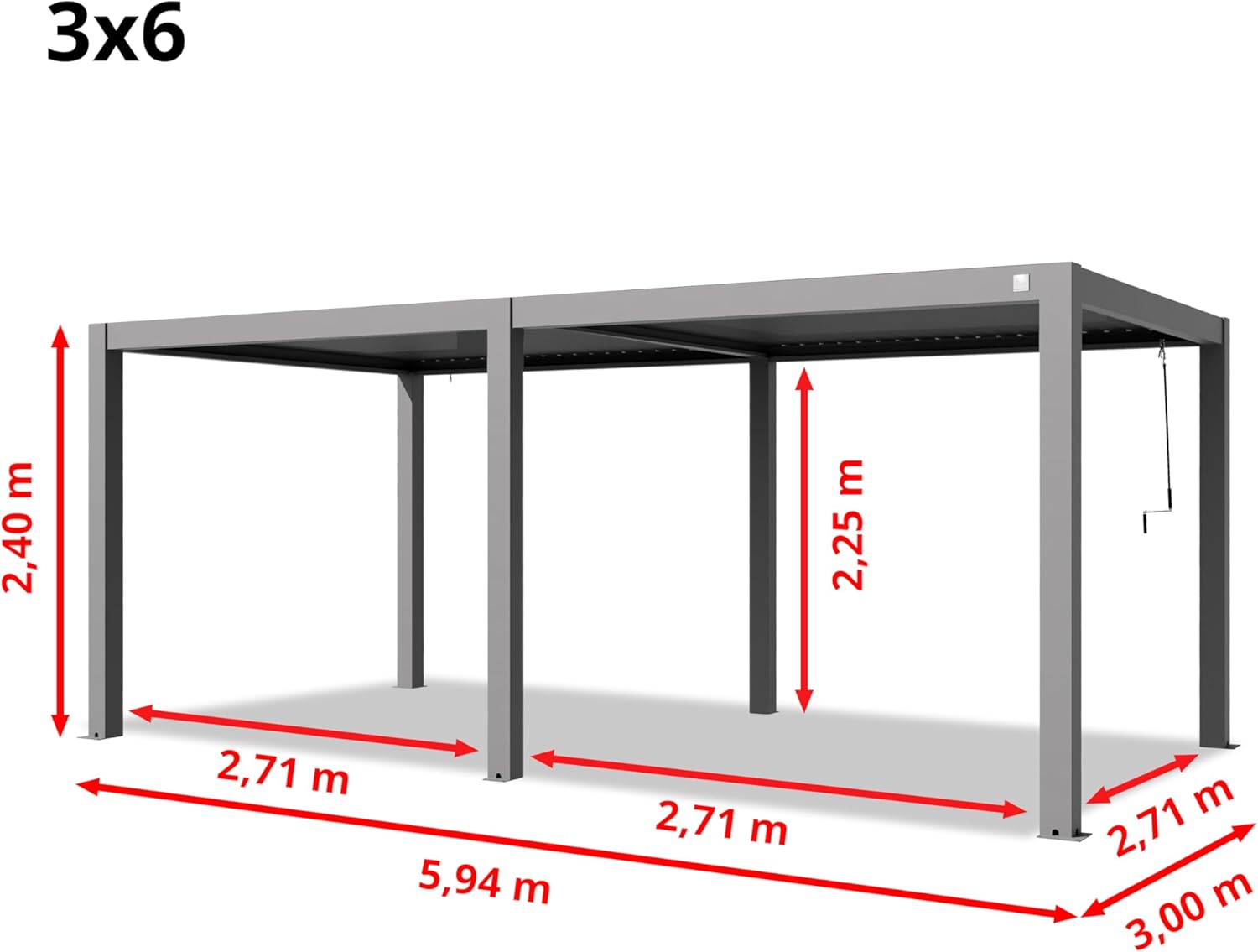 Primeyard - Pergola série aluminium - 3x6 m - lames orientables, poteaux alu, gris