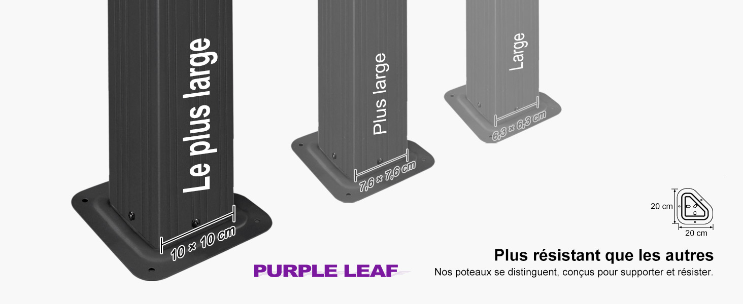 Trois supports verticaux avec le texte « Le plus large » sur les côtés. Sur la base, on peut lire « Purple Leaf ». Le texte français indique que le produit est plus résistant que les autres. Image monochrome.