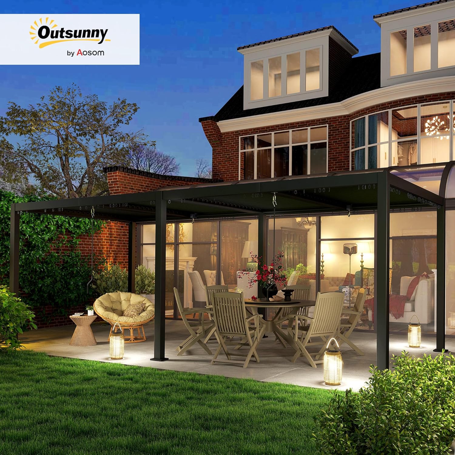 Outsunny - Pergola bioclimatique 3x6m - aluminium, toit réglable, persiennes, crochets