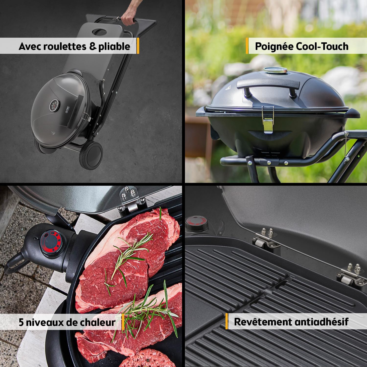 TZS First Austria - Barbecue 2-en-1 pliable 2400W, couvercle, chariot, thermomètre - TZSFA5350-6