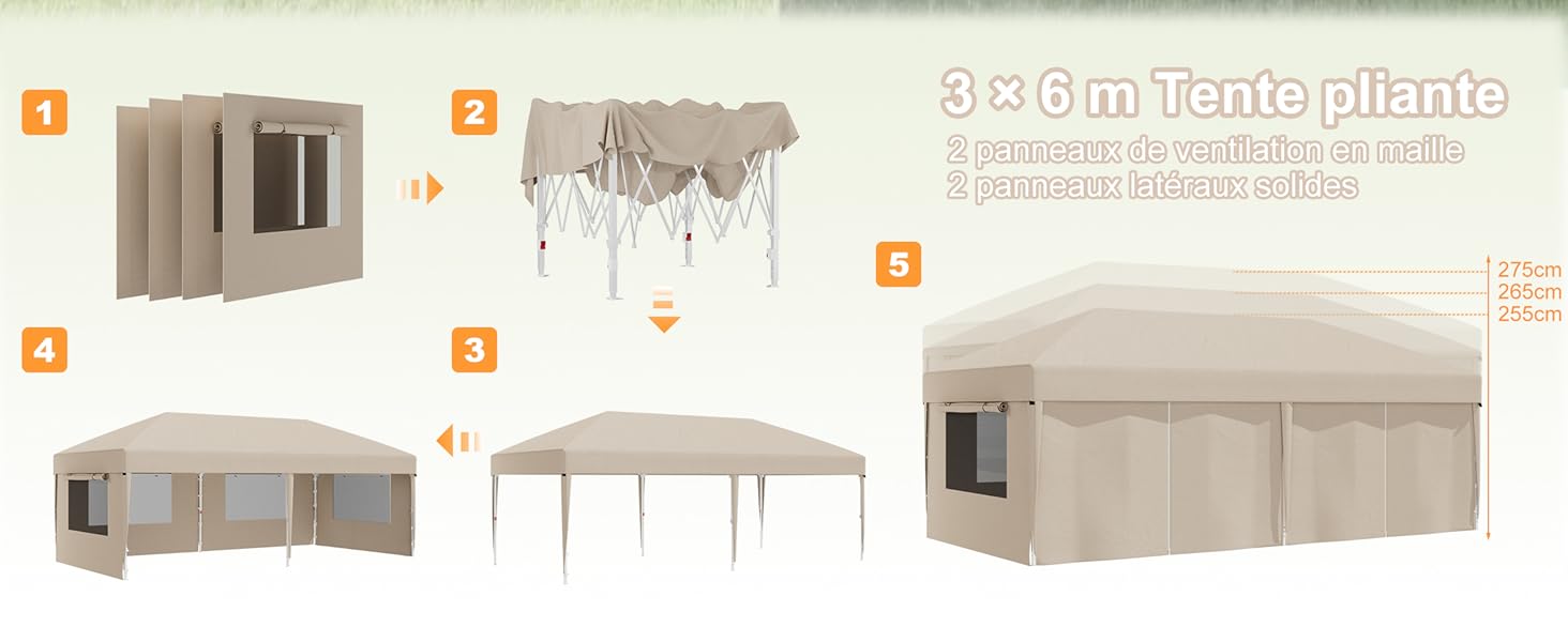 Le texte indique « Bigtentopplano ». Schéma d'instructions montrant 8 variantes d'assemblage numérotées de structures d'auvent et de tente portables beige/beige dans différentes configurations.