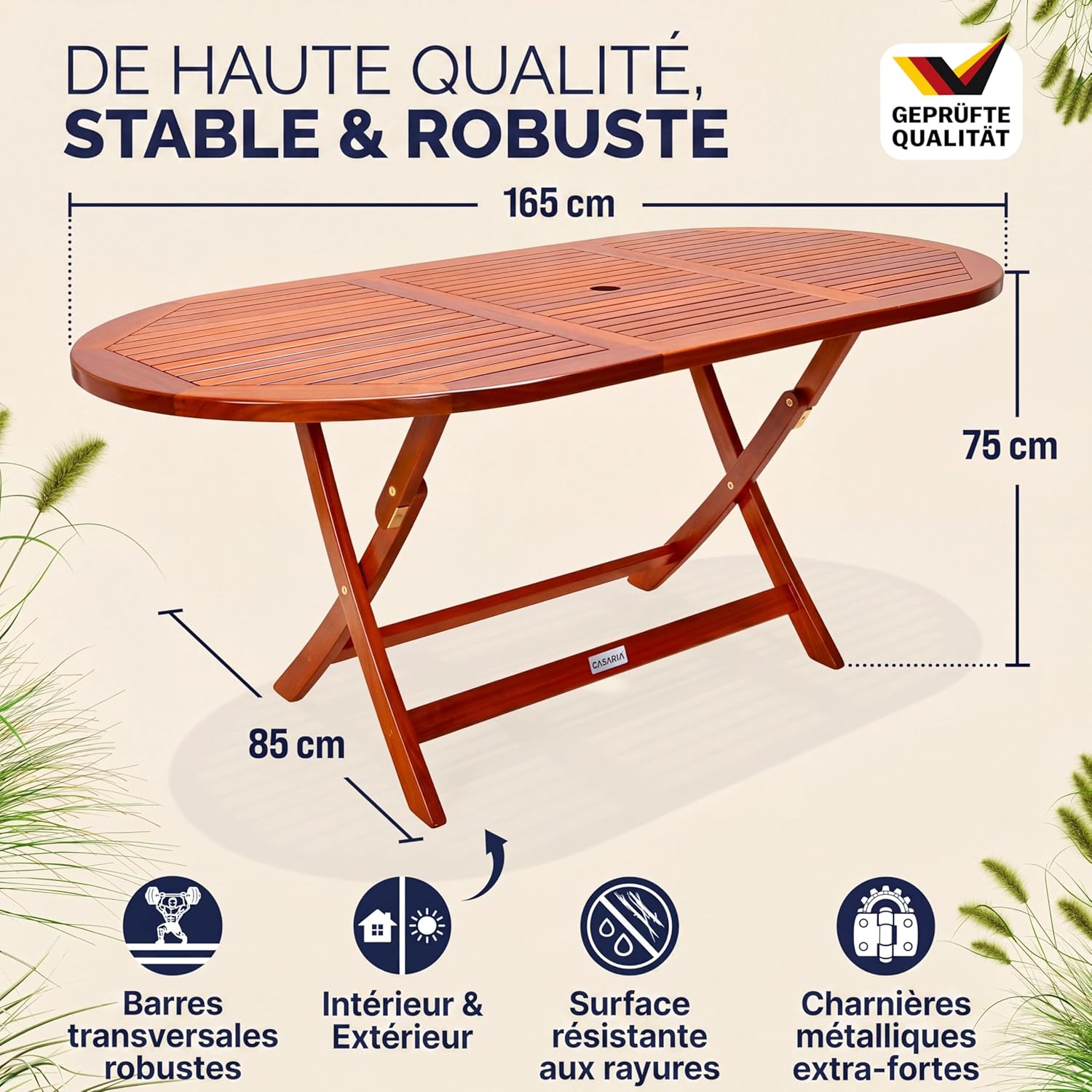 Casaria - Table D Extérieur Alabama - ovale 6 pers. - bois d'eucalyptus, pliante, trou pour parasol