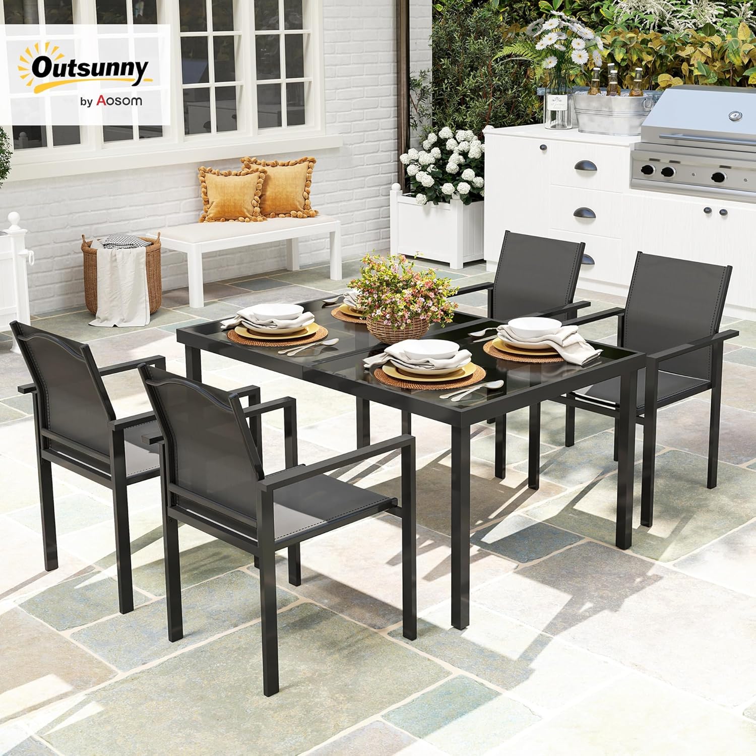 Outsunny - salon de jardin extérieur 4 places - table verre 140 cm, chaises empilables, noir