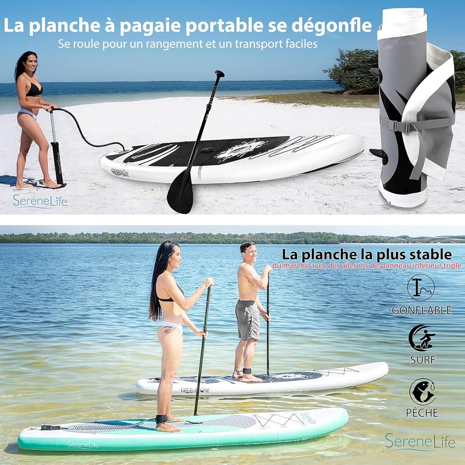 SereneLife Stand Up Paddle Gonflable Adulte 6” – Planche de Paddle avec Accessoires Sup, Sac de Transport, Pont Antidérapant, pour Mer, Lac, Rivière