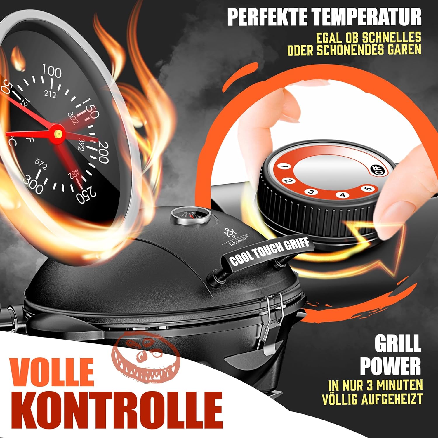 KESSER - Gril électrique pliable, 2400W, couvercle, thermomètre, table