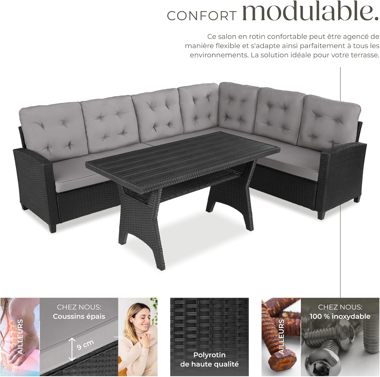 tectake - Ensemble salon de jardin 6 places, poly rotin, canapé spacieux avec table, rembourrage moelleux