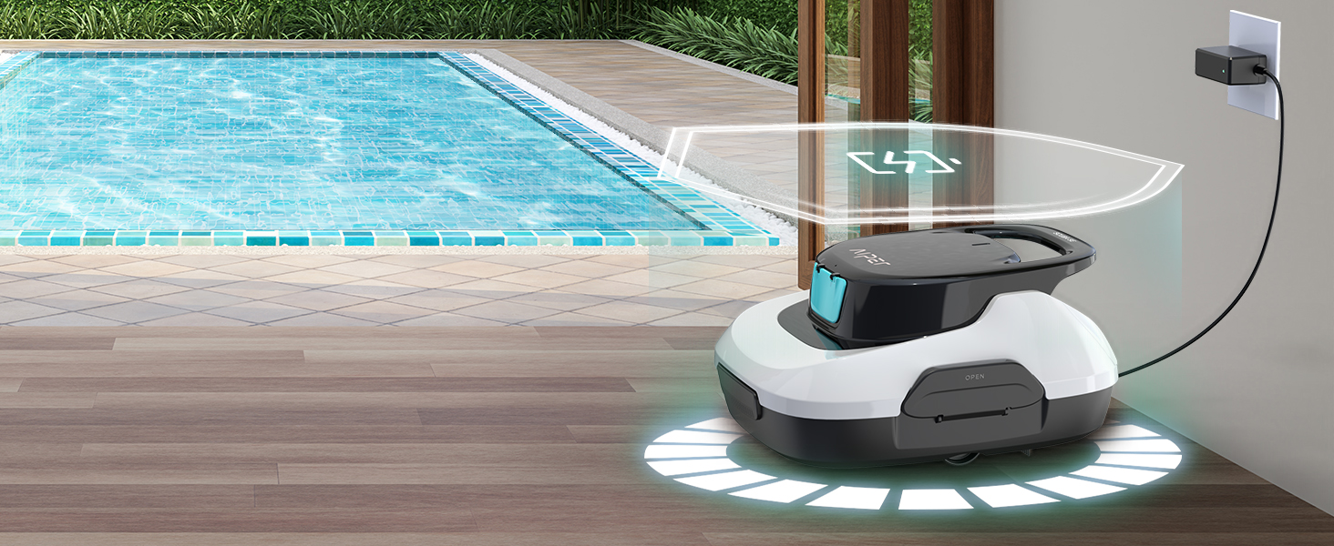 Nettoyeur de piscine robotique au design blanc et noir positionné sur la terrasse à côté de la piscine. La base circulaire illuminée avec effet lumineux montre un dispositif de nettoyage autonome pour l'entretien de la piscine.