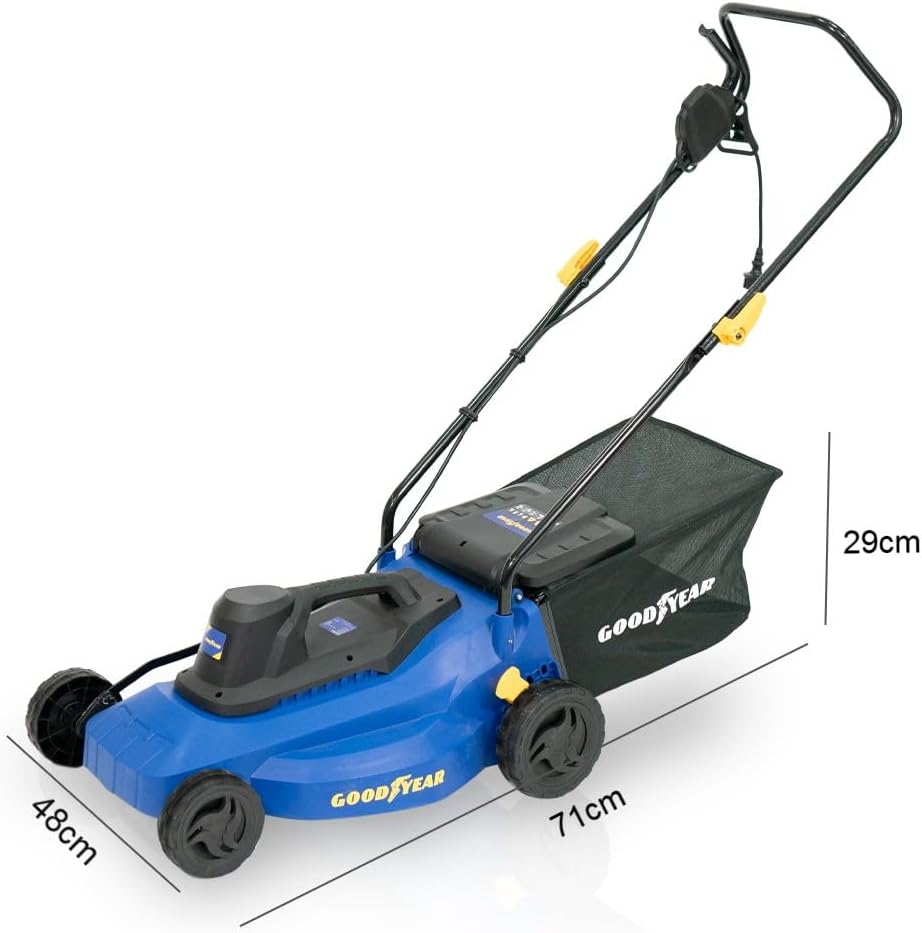 Goodyear - Tondeuse à Gazon Électrique Filaire 1200W, Largeur de Coupe 32cm, Hauteur Réglable (3 Positions), Bac de Ramassage 30L, Idéal pour Petits Jardins et Pelouses, Légère et Compacte