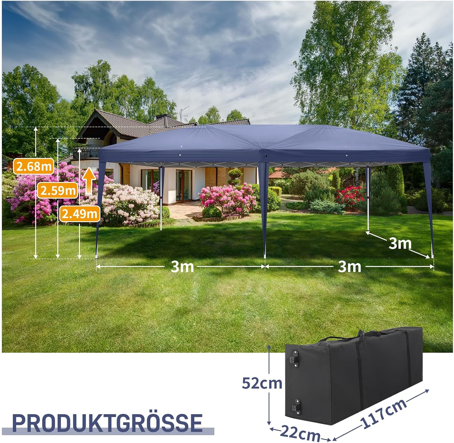 LEADZM Tonnelle de Jardin Pliante,3x6m,Imperméable,Pop-Up,3 Hauteurs Réglables, Protection UV 50+,Tente de Fête,Structure en Acier,pour Jardin,Fête,Bleu